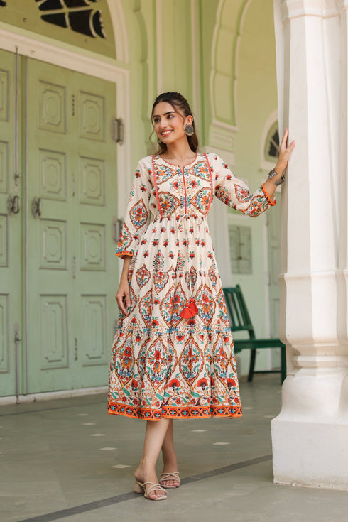 White Printed Fit & Flare Ethnic Dress